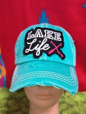 Lake Life Distressed Stitched Patch Strap-on Hat Cap OSFM